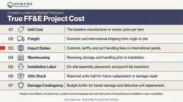 Seven-component FF&amp;E landed cost budget framework breakdown infographic