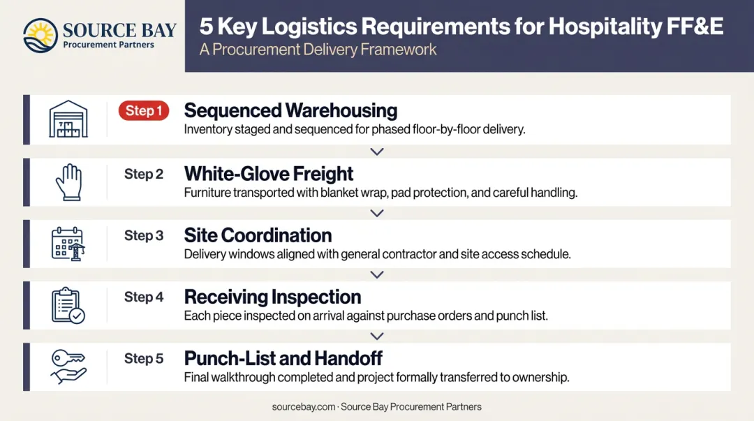 Five-step FF&E freight warehousing and installation logistics process flow