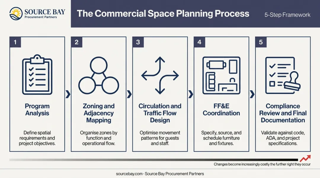 5-step commercial space planning process flow from program analysis to final documentation