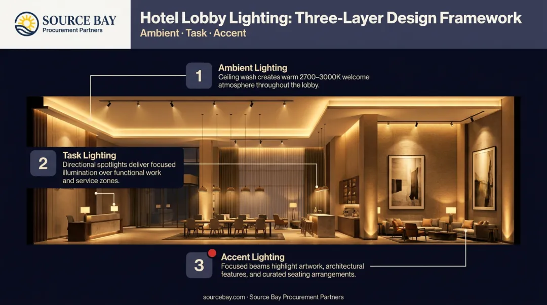 Three-layer hotel lobby lighting design diagram showing ambient task and accent functions