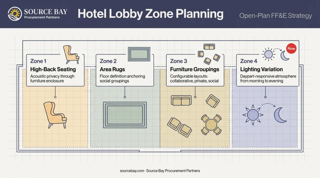 Hotel lobby multi-zone FF&amp;E spatial planning diagram with furniture zone types