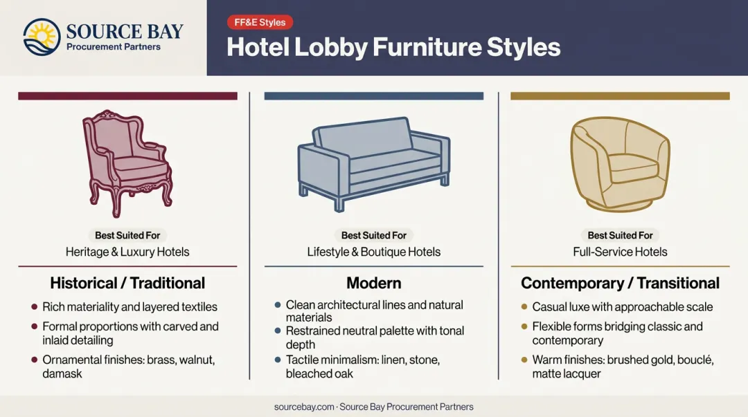Three hotel lobby furniture style categories comparison chart with characteristics and best use