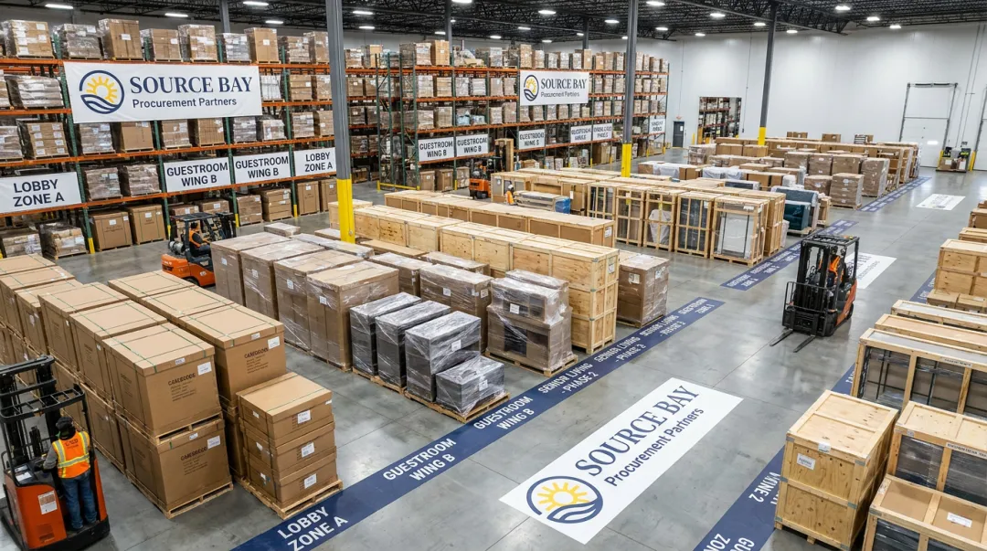 FF&amp;E warehousing facility with staged furniture organized for sequenced project delivery