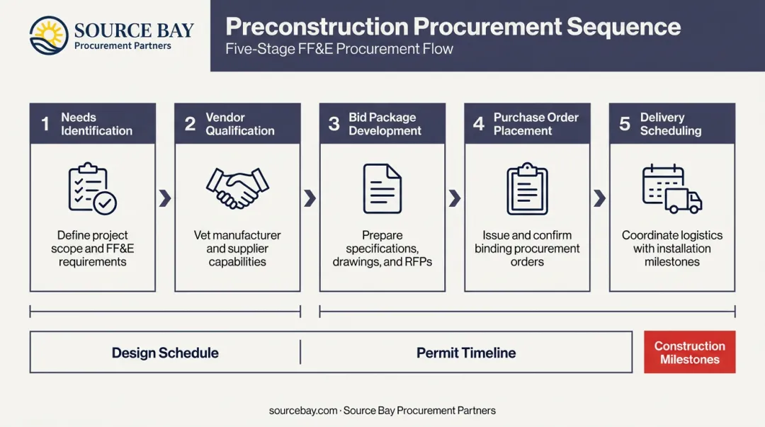 5-phase preconstruction procurement process flow from needs identification to delivery