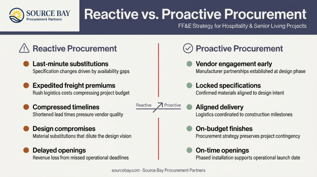 Reactive versus proactive FF&amp;E procurement timing comparison infographic