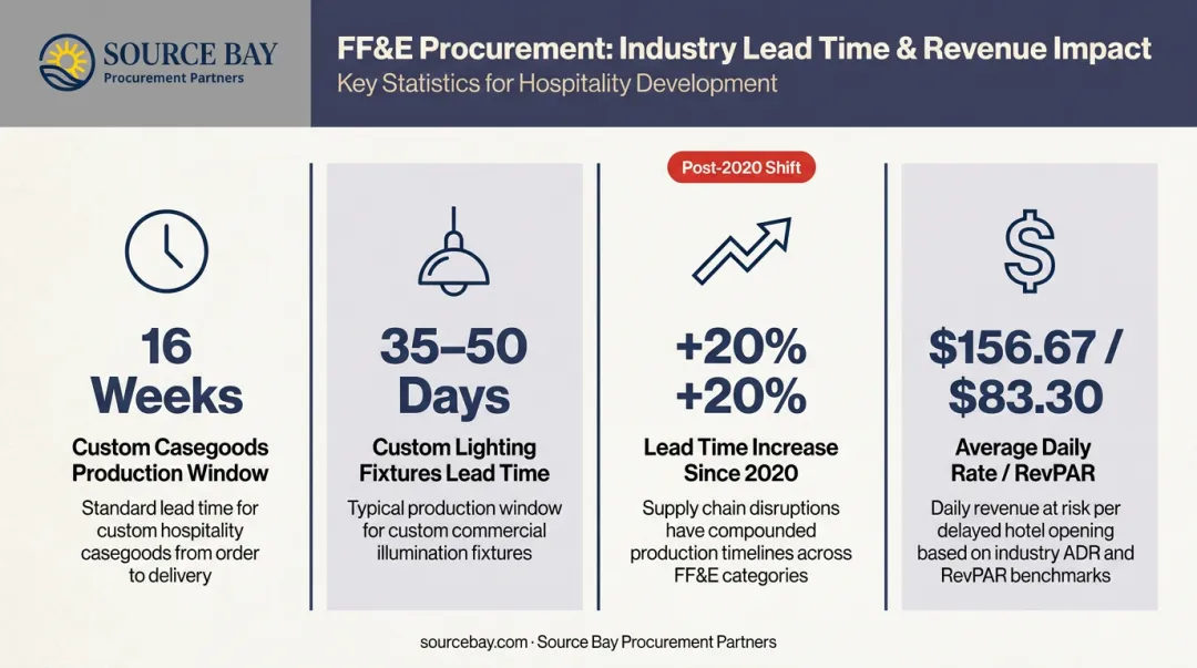 FF&amp;E lead time benchmarks and delayed opening revenue loss statistics infographic