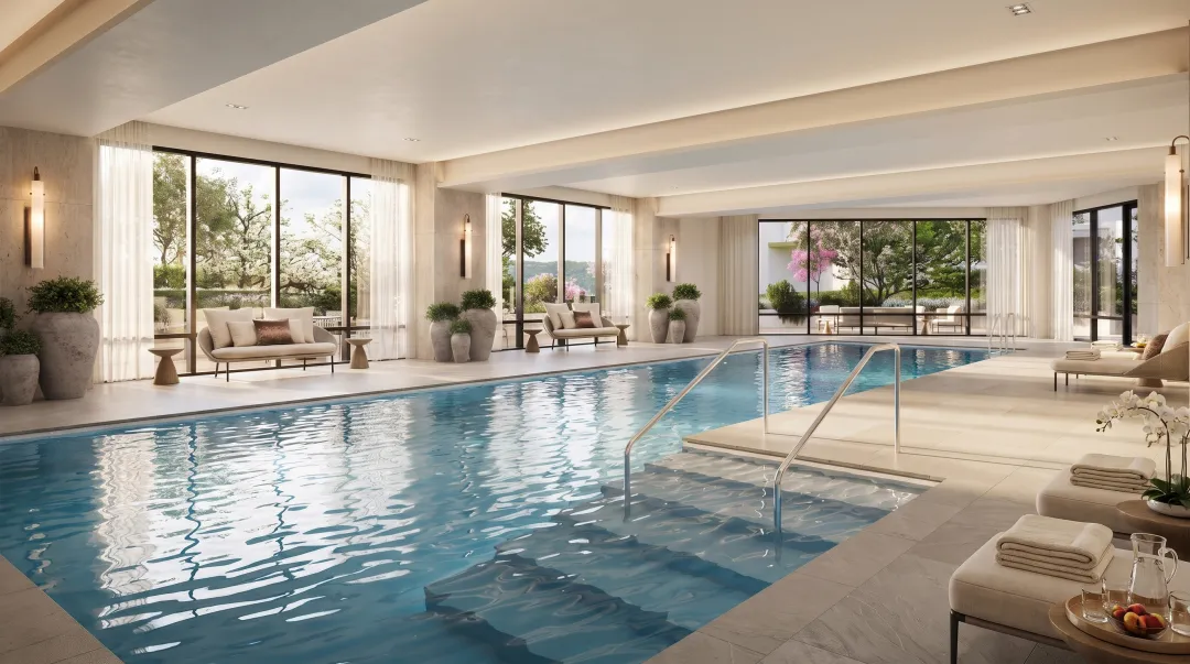 Luxury senior living community resort-style amenities pool dining and common areas