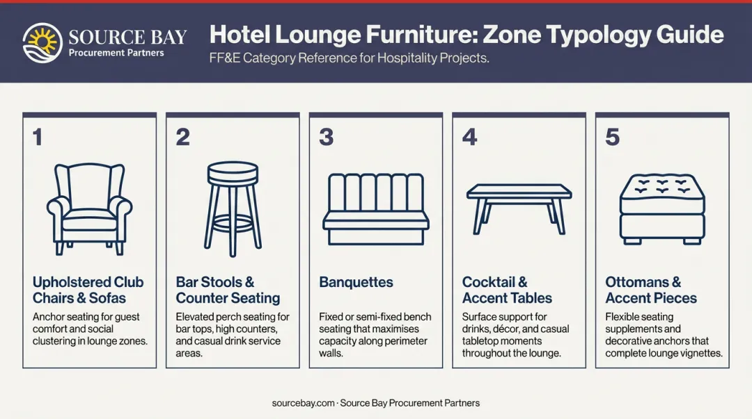 Five hotel lounge furniture zone typologies overview infographic