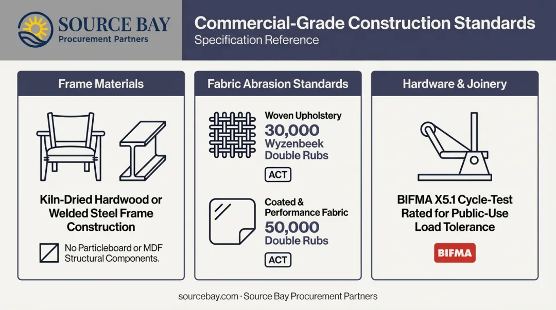 Commercial-grade lounge seating construction specifications and fabric rub count standards