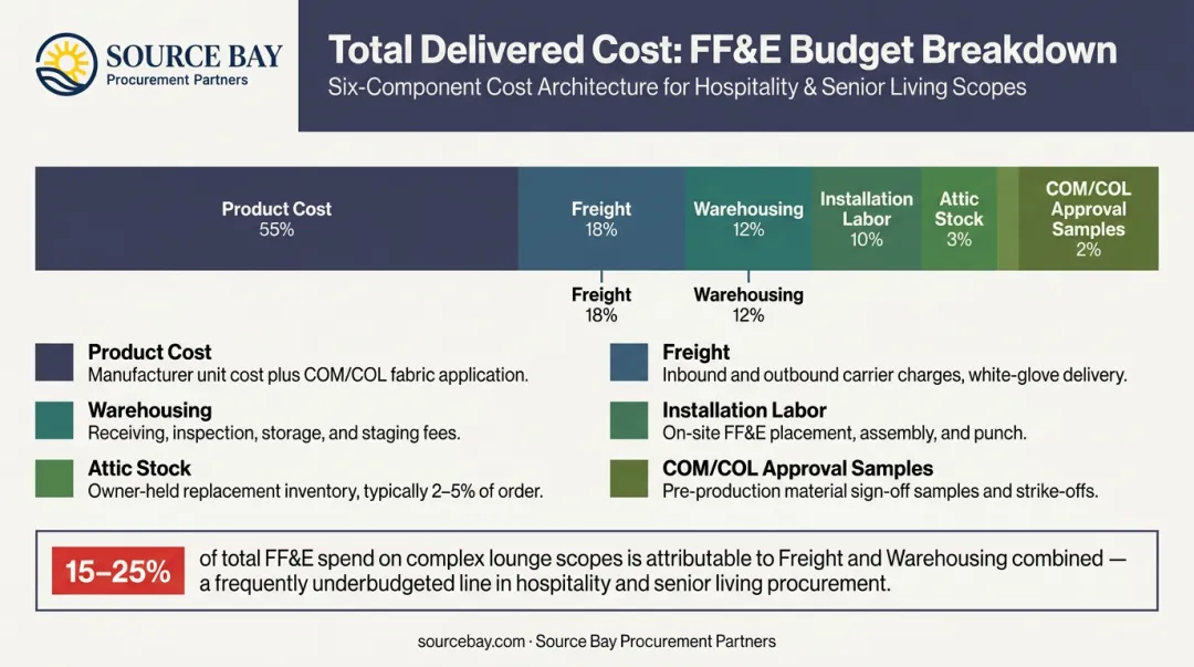 Hotel lounge FF&E total delivered cost components budget breakdown infographic
