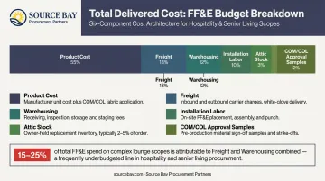 Hotel lounge FF&amp;amp;E total delivered cost components budget breakdown infographic