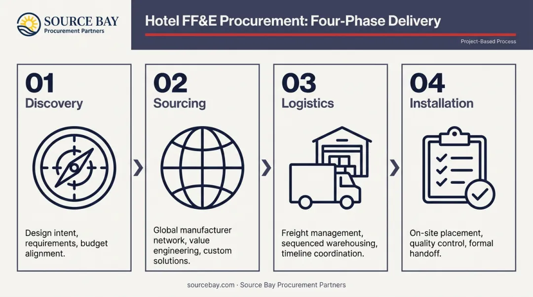 4-phase hotel FF&amp;E procurement process flow from discovery to installation
