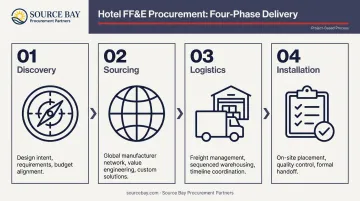 4-phase hotel FF&amp;E procurement process flow from discovery to installation