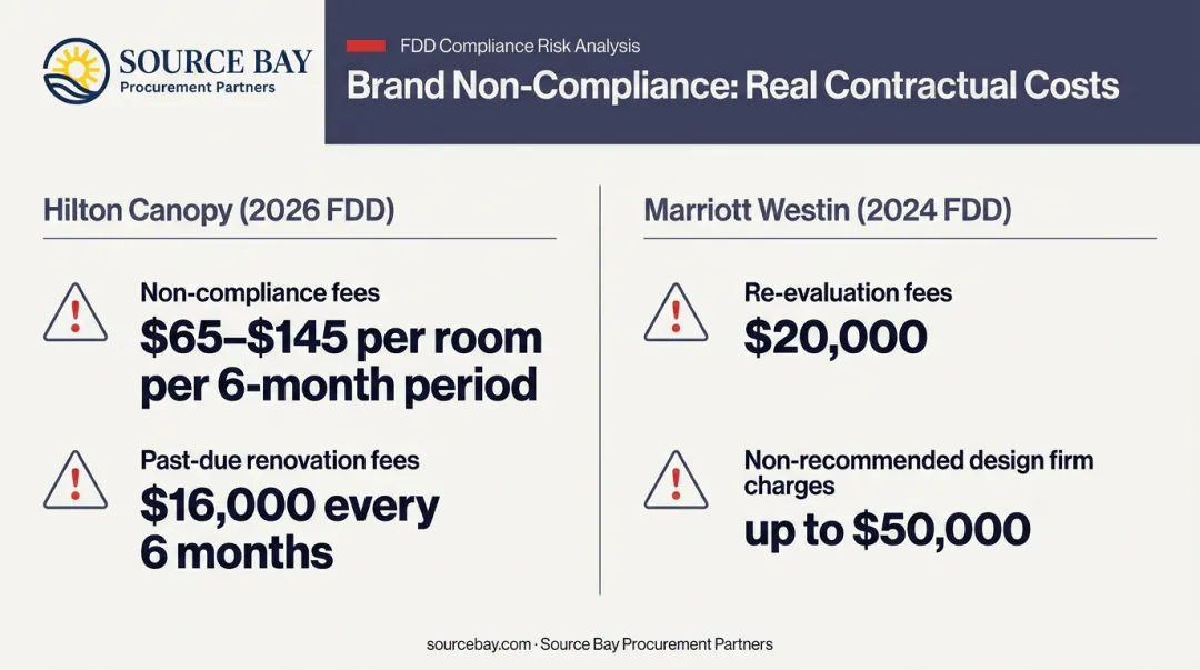 Hotel brand non-compliance fee comparison Hilton Canopy and Marriott Westin franchise penalties