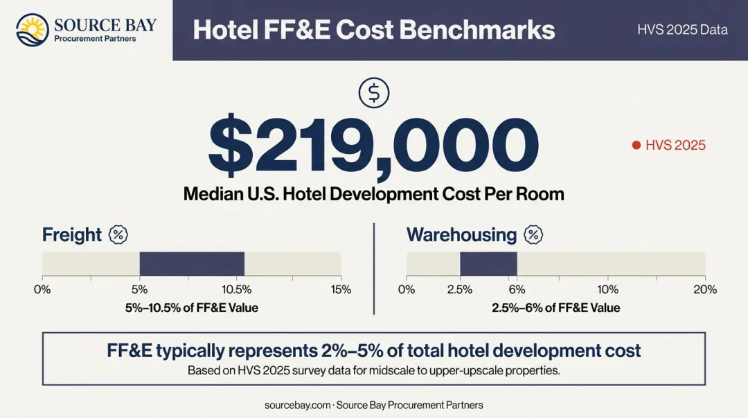 Hotel FF&amp;E procurement cost breakdown showing freight warehousing and budget impact benchmarks