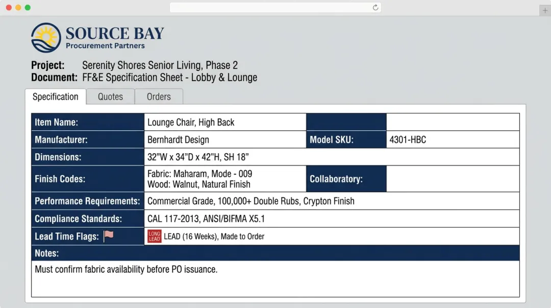 FF&E specification document template showing structured item entry fields and data