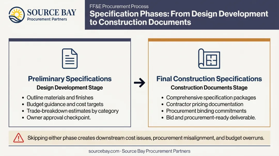 Two-phase FF&E specification timeline from Design Development to Construction Documents
