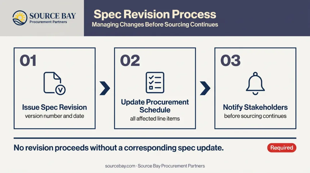 Three-step design specification change management process flow for FF&E projects