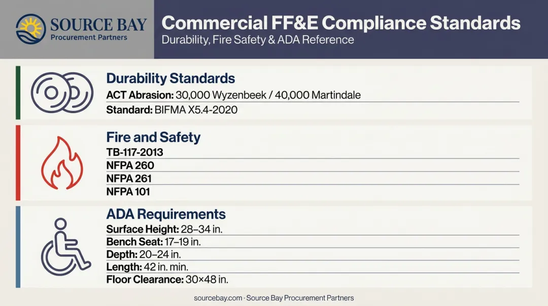 FF&E compliance standards checklist covering fire safety ADA and durability requirements