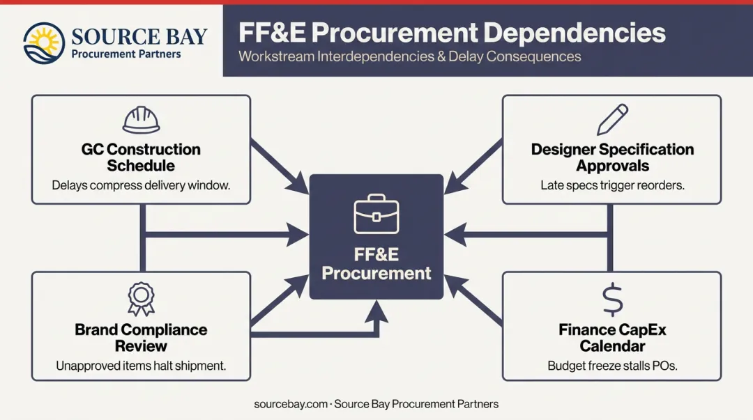 Hotel FF&E procurement cross-team dependency map showing four parallel workstreams