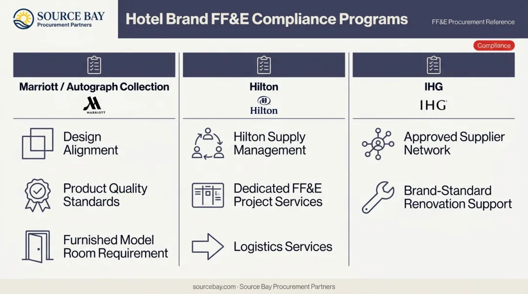 Marriott Hilton and IHG brand FF&E compliance requirements comparison chart