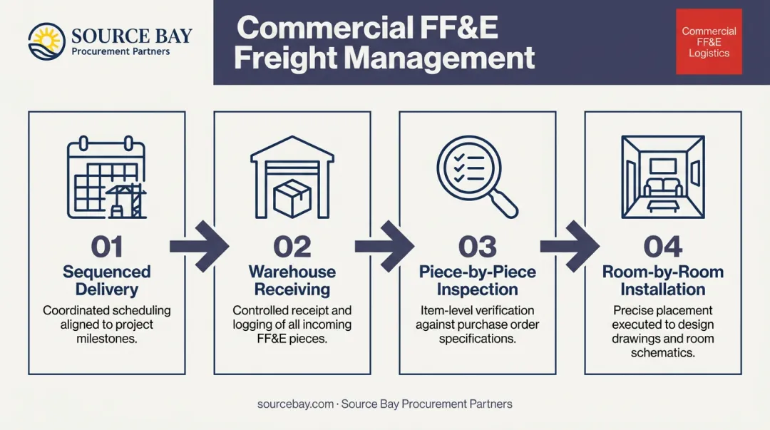 Four-step commercial FF&E freight sequencing warehouse to installation process flow