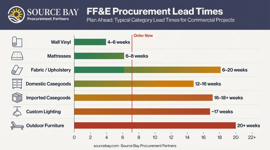 Commercial FF&E product category lead times comparison chart from weeks to months