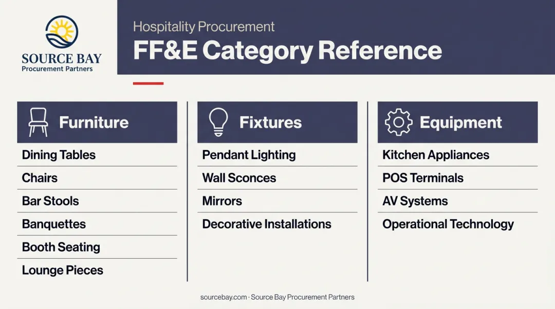 Restaurant FF&E three-category breakdown furniture fixtures and equipment infographic