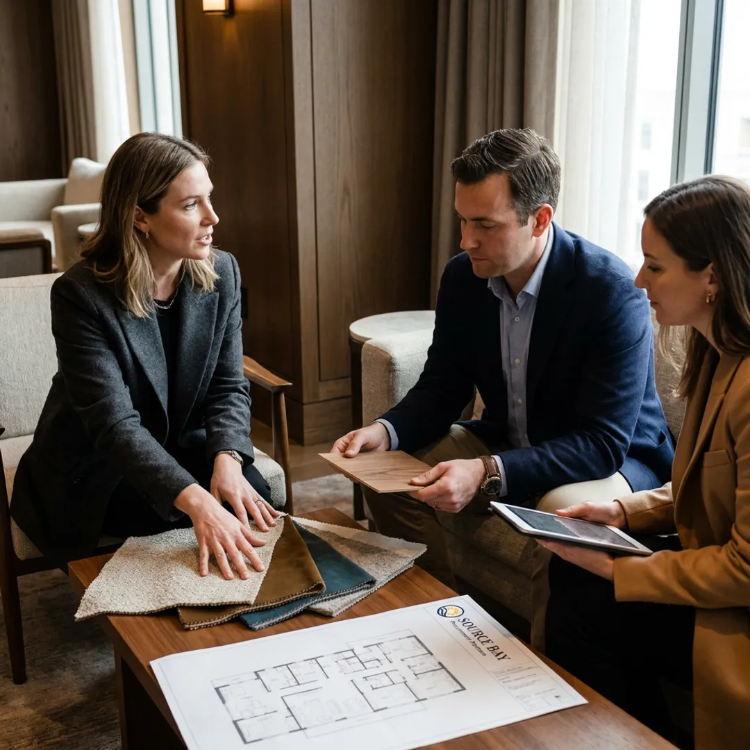 Commercial refurbishment team reviewing fabrics and furniture