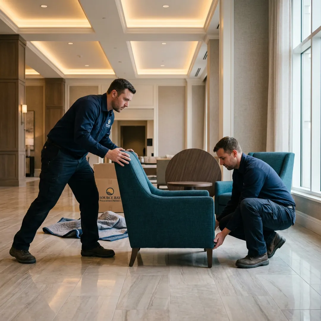 Commercial furniture installation team setting up lobby seating