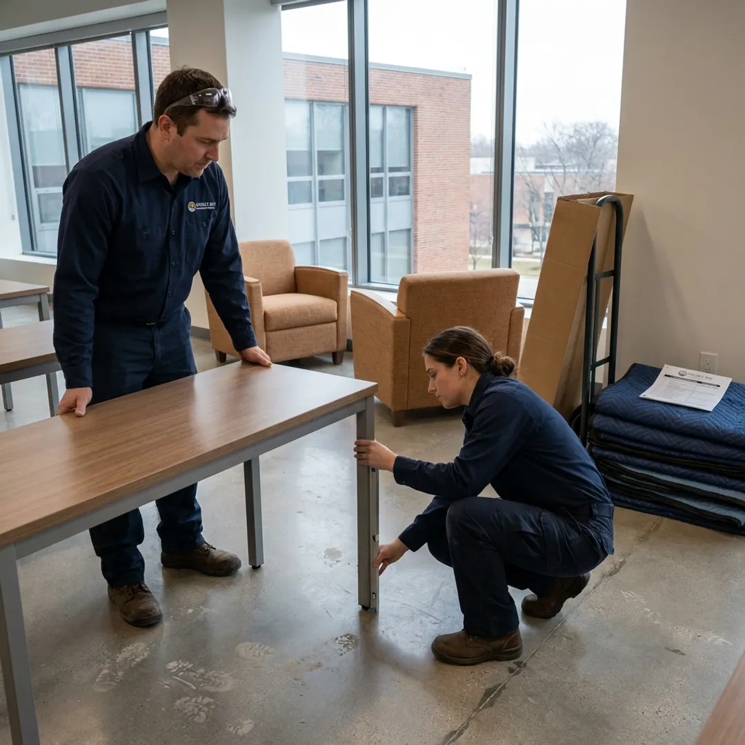 Education furniture being installed in a campus classroom