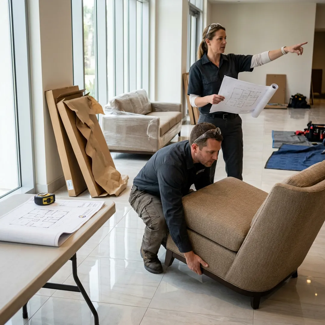 Commercial furniture installation team coordinating FF&E placement
