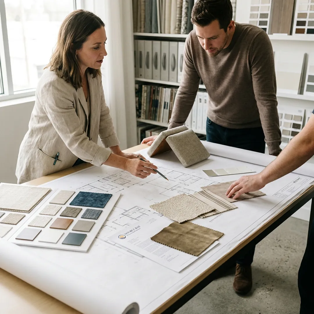 Interior design team reviewing FF&E samples and plans