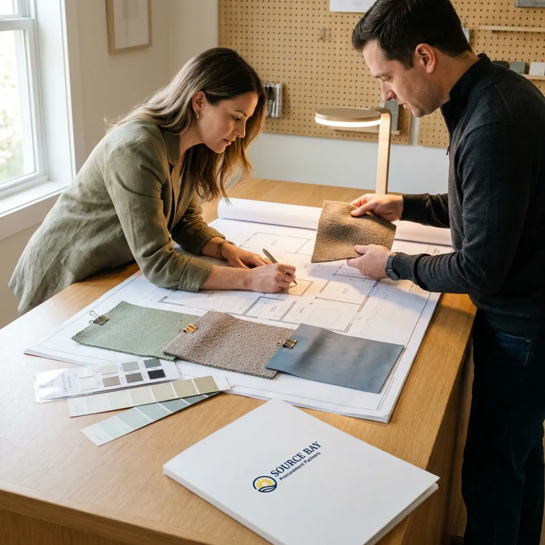 Design team reviewing healthcare interior plans and furniture samples