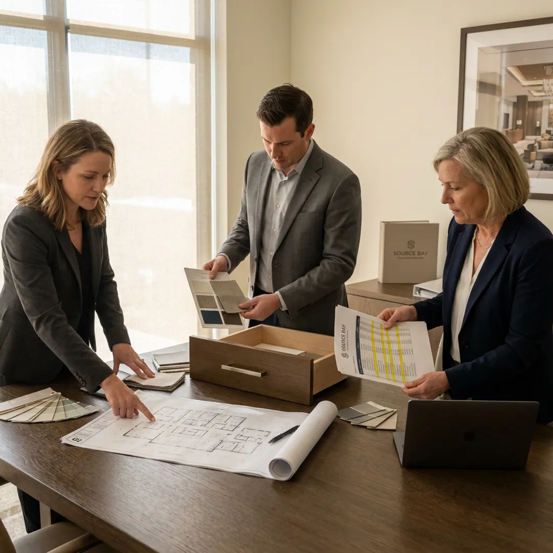 Team reviewing multi-family casegoods procurement plans