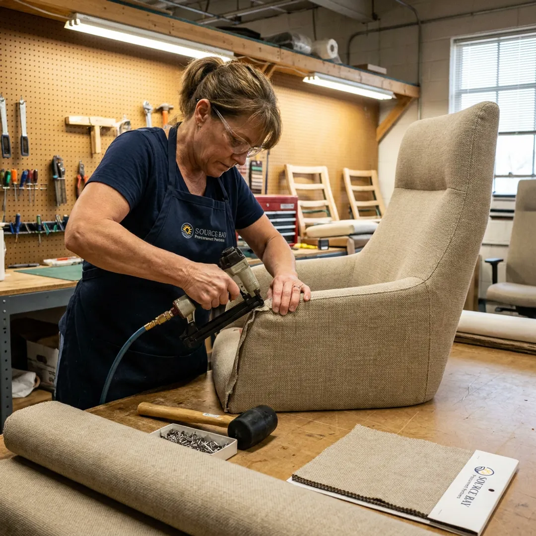 Craftsperson reupholstering commercial seating