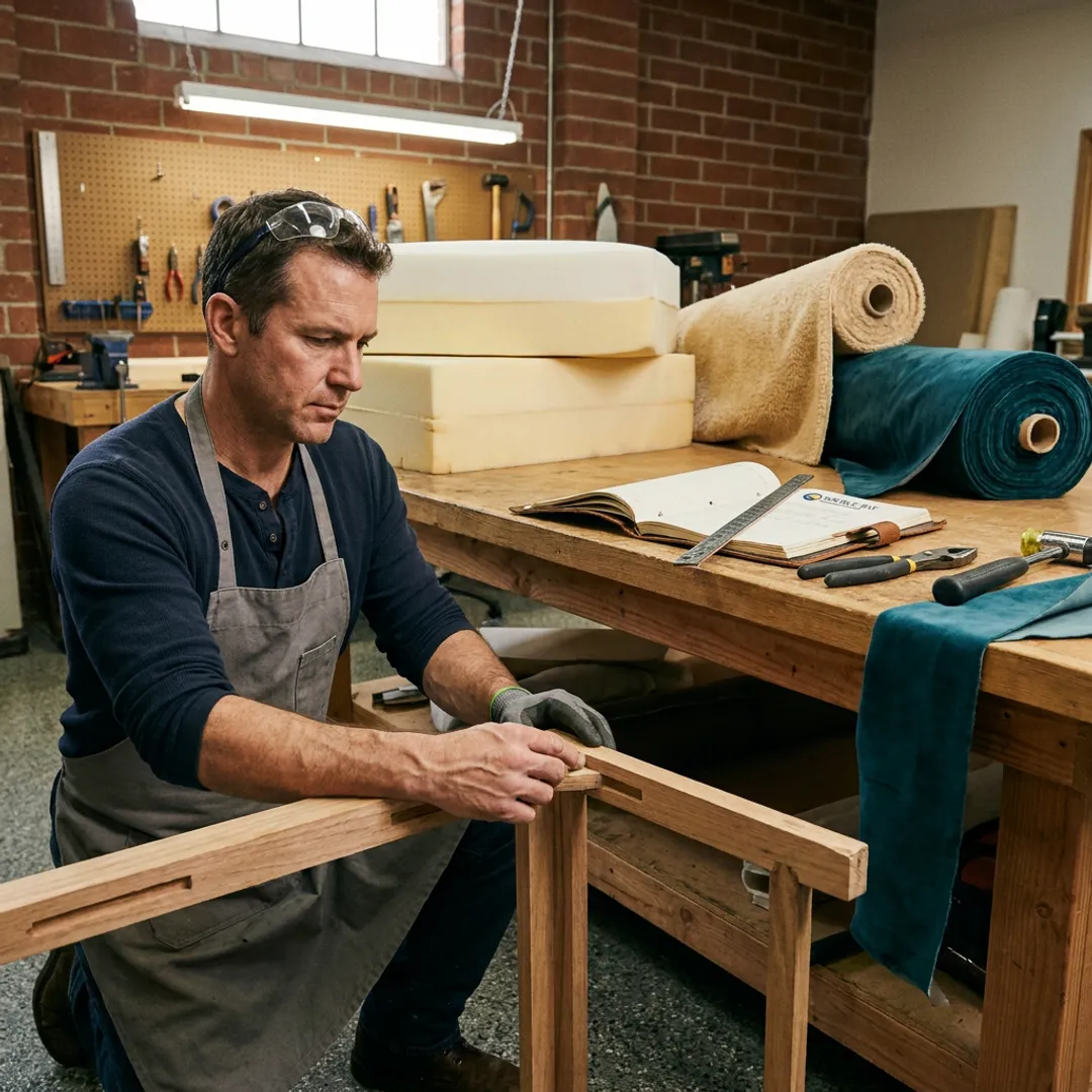 Sofa reupholstery process in workshop