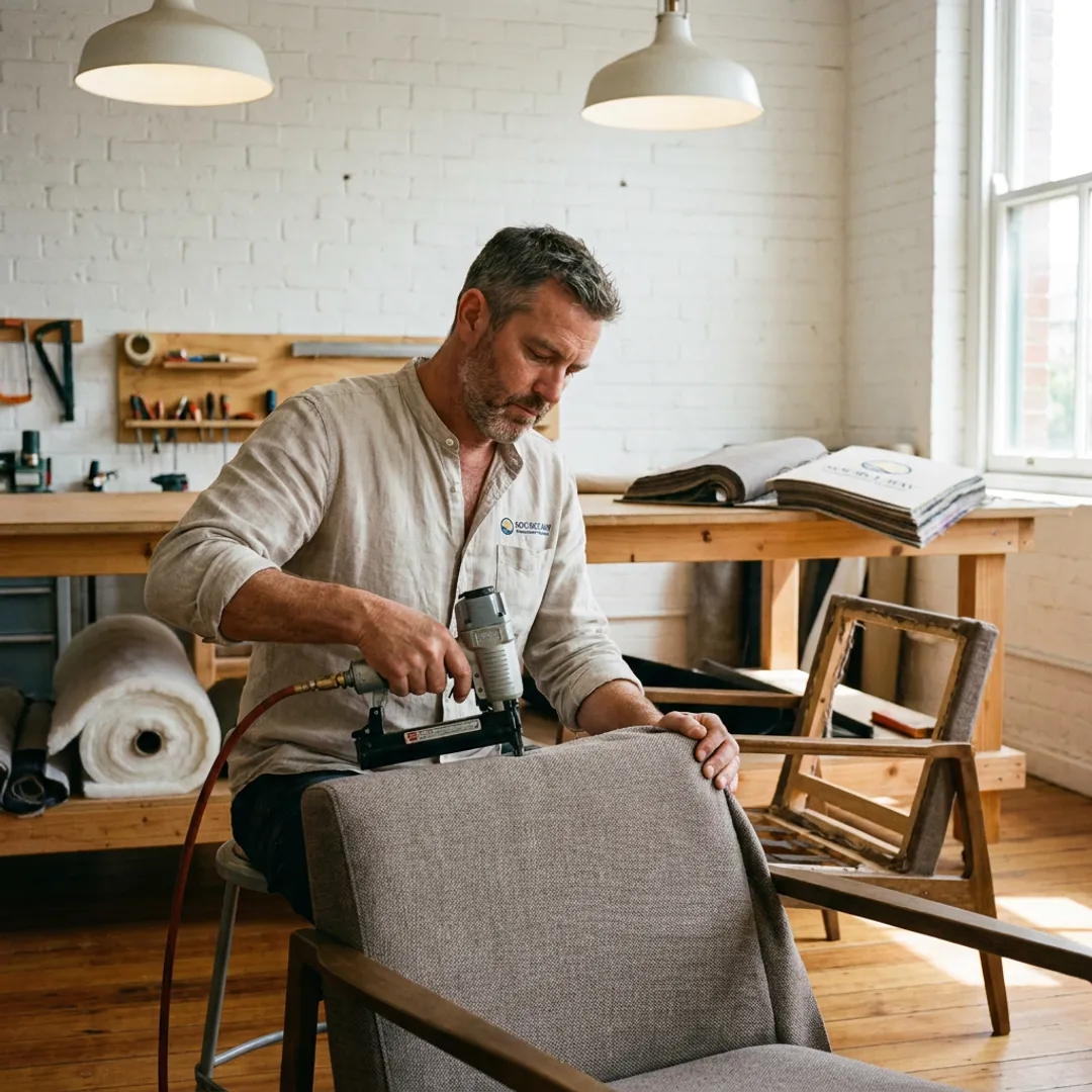 Craftsperson reupholstering a commercial chair