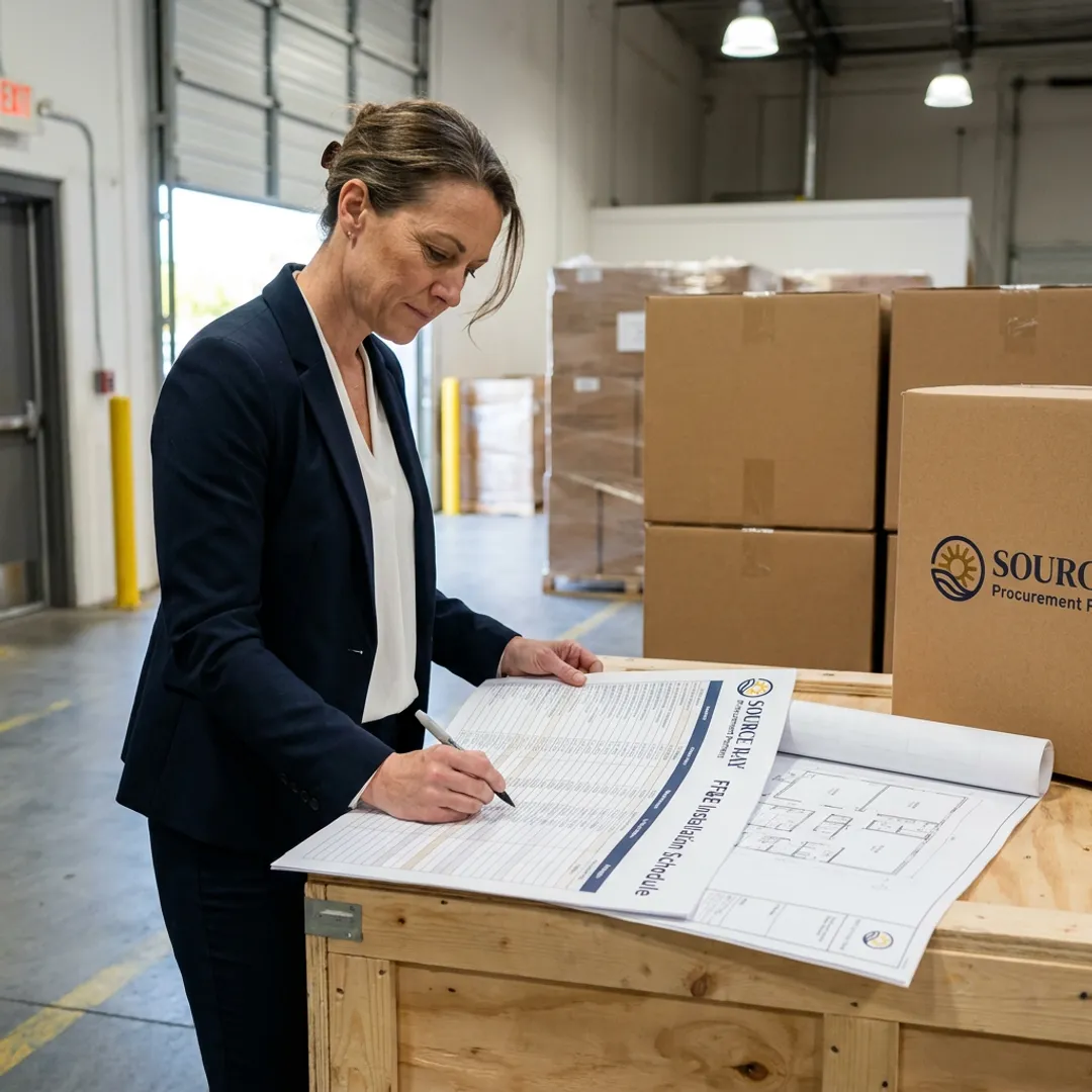 Project manager reviewing furniture installation plans