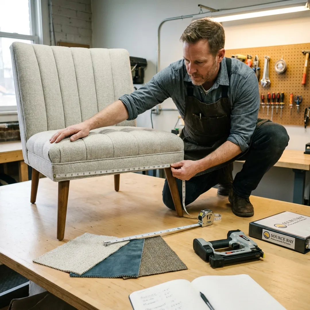 Commercial upholsterer measuring a lounge chair