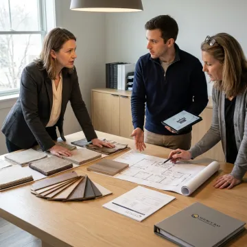 Team reviewing healthcare fabric and furniture samples