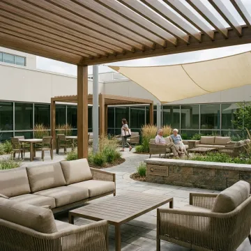 Modern healthcare courtyard with durable outdoor seating