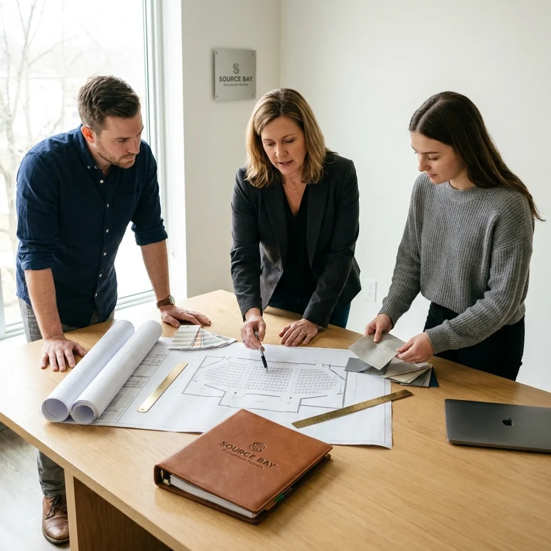 Team reviewing auditorium seating plans and material samples