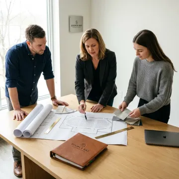 Team reviewing auditorium seating plans and material samples