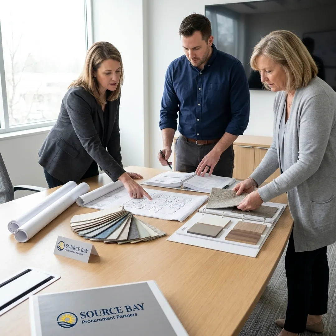 Healthcare furniture procurement team reviewing finish samples