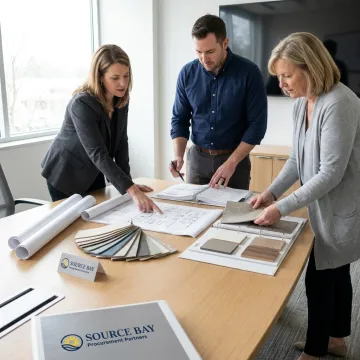 Healthcare furniture procurement team reviewing finish samples