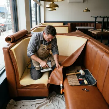 Freshly upholstered restaurant booth seating