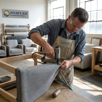 Commercial lounge chair being reupholstered with luxury fabric