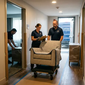 Commercial delivery crew setting up hotel furniture
