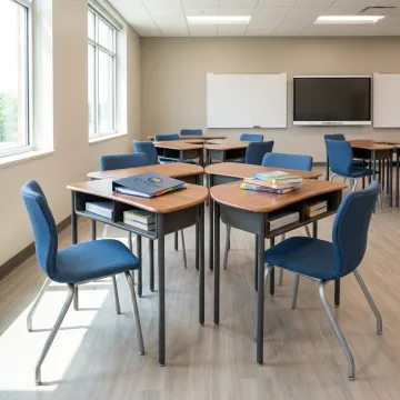 Student desk with integrated storage in a modern classroom